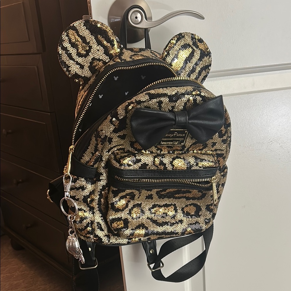 Disney Loungefly Gold and Black Sequin Leopard Backpack